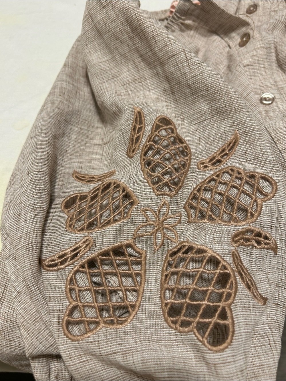 Woven Taupe Button-Front Peasant Blouse - Picture 3 of 8